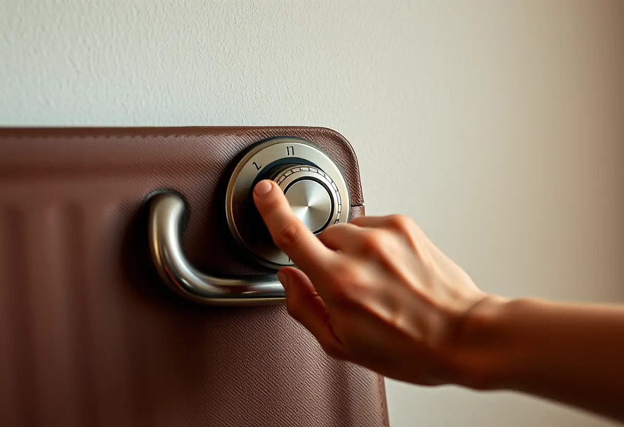 La main qui tourne le cadran de la fermeture à code d'une valise contre un mur blanc