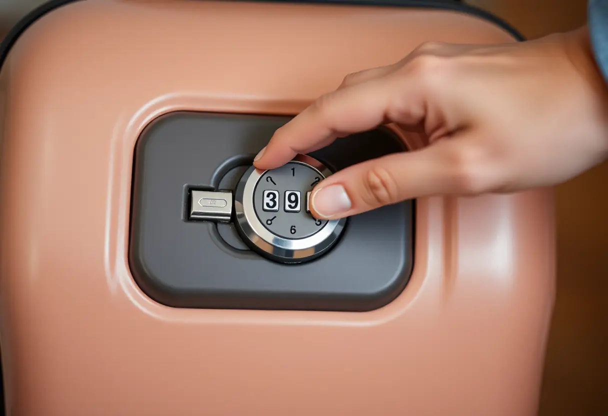Une main tourne la molette d'un cadenas à trois chiffres sur une valise en plastique rigide
