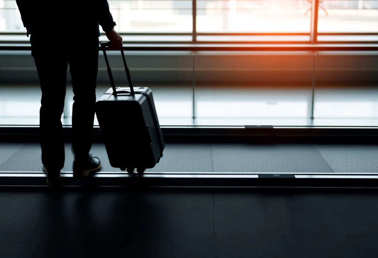 Un profil d'une personne se tenant près d'une valise sur un tapis roulant de bagages, les roues de la valise tournent lentement