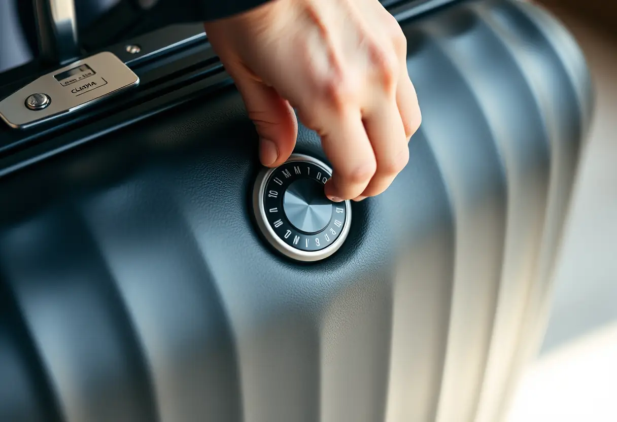 Une main tourne les anneaux de la combinaison d'une valise rigide noire