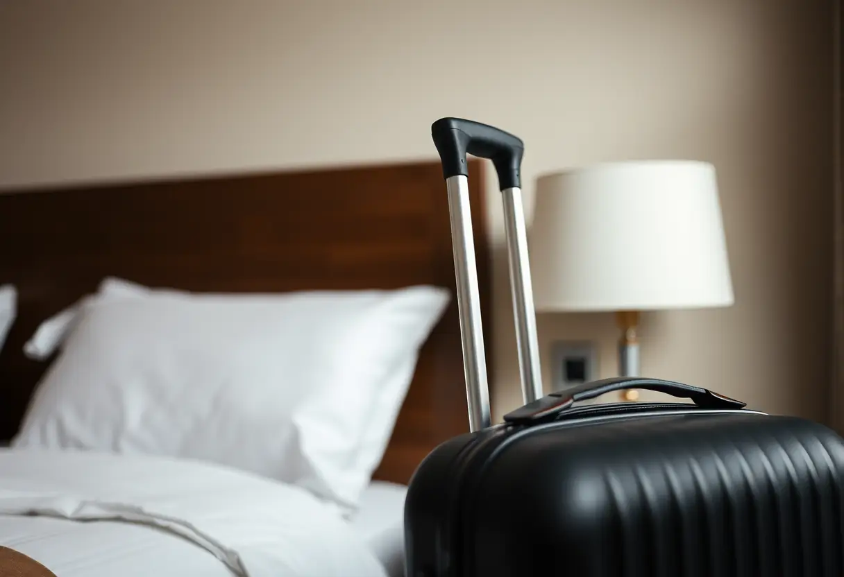 Le manche télescopique d'une valise cabine étendu, reposant contre la table de nuit d'un hôtel