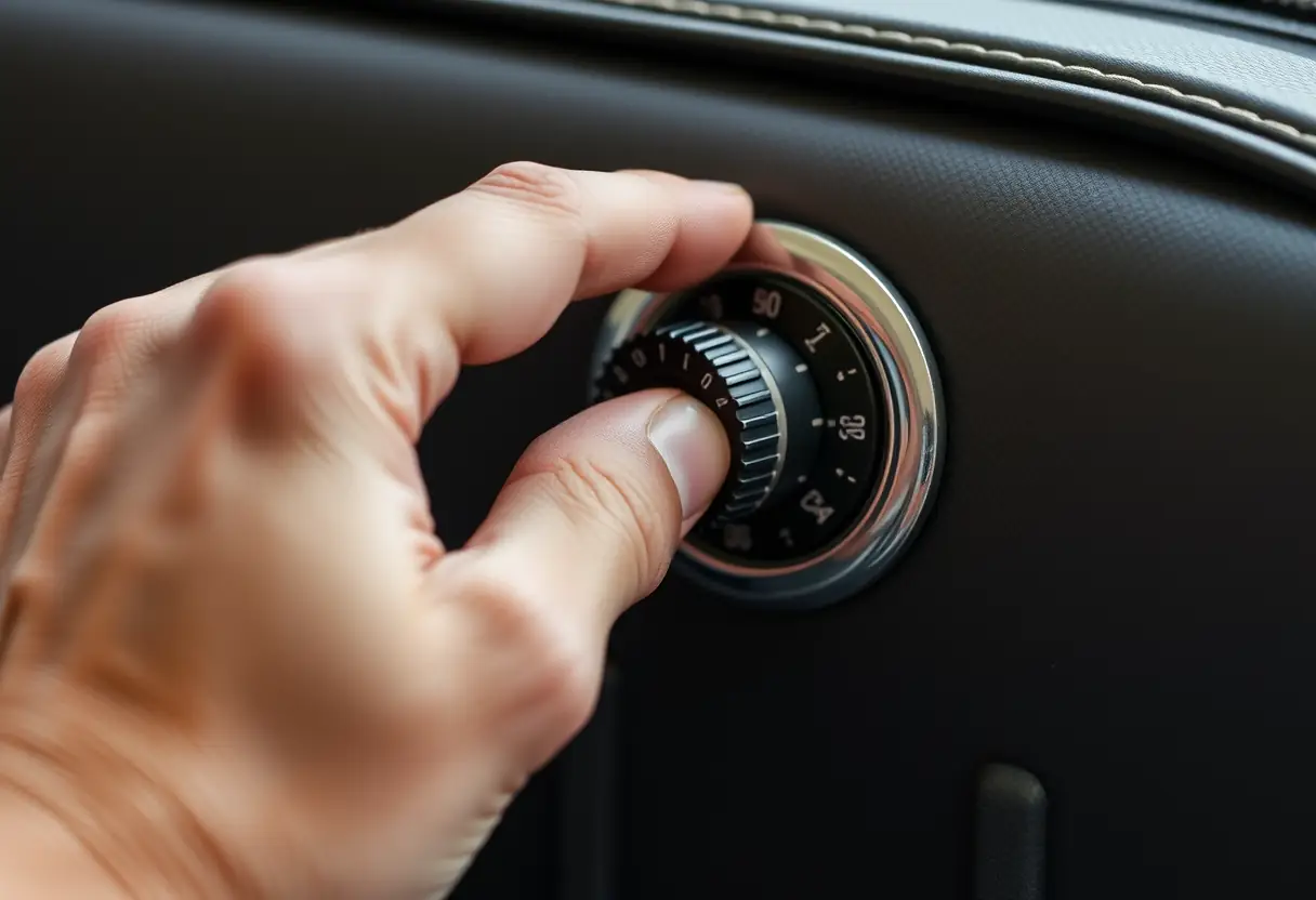 Une main tourne le bouton pour régler la combinaison d'un cadenas sur un sac de voyage