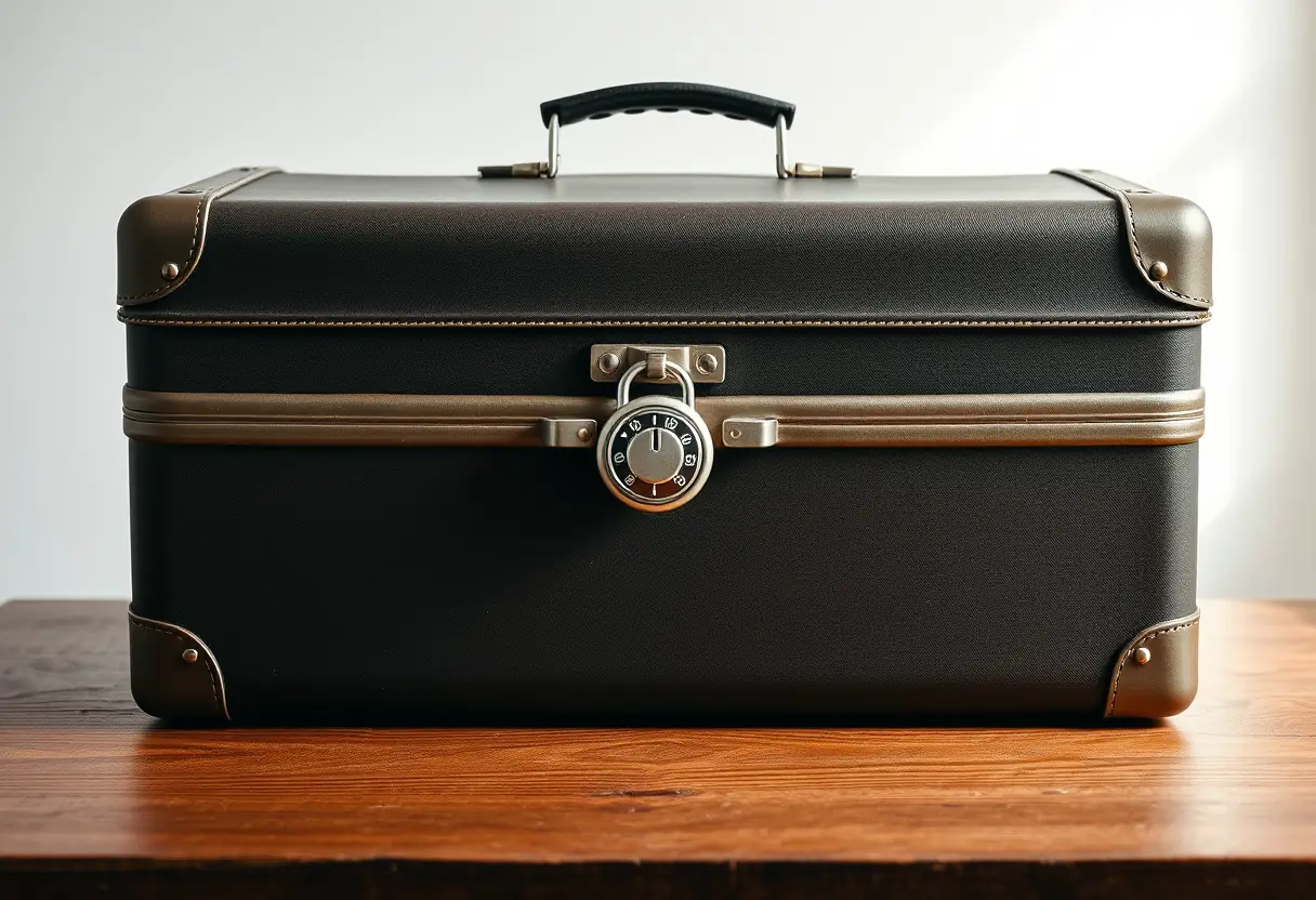 Un sac de voyage fermé avec un cadenas visible placé sur un bureau en bois