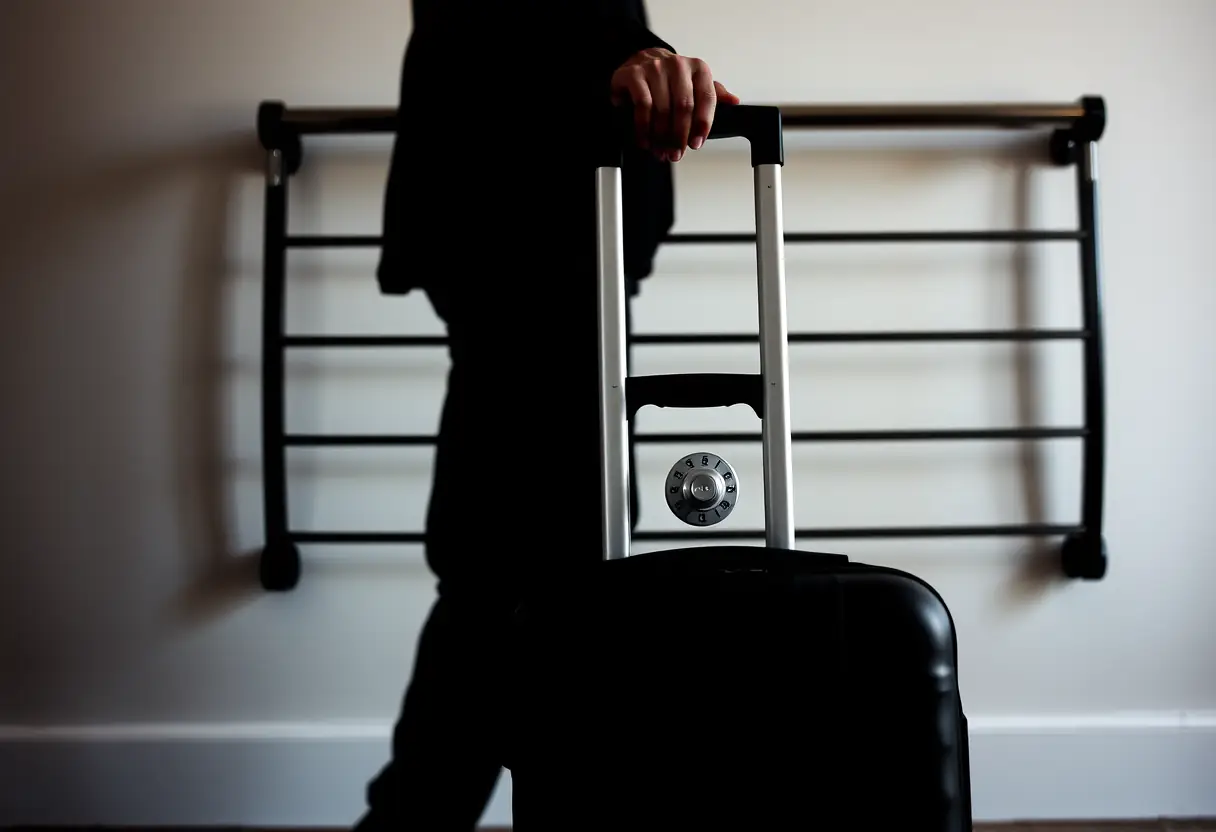Un profil sombre d'une personne se tient près d'une valise dont le cadenas à combinaison est visible, posée sur un porte-valises d'hôtel contre un mur.
