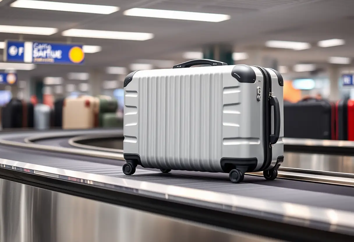 Une valise rigide rectangulaire posée sur un tapis de bagages dans un aéroport, avec d'autres valises visibles en arrière-plan
