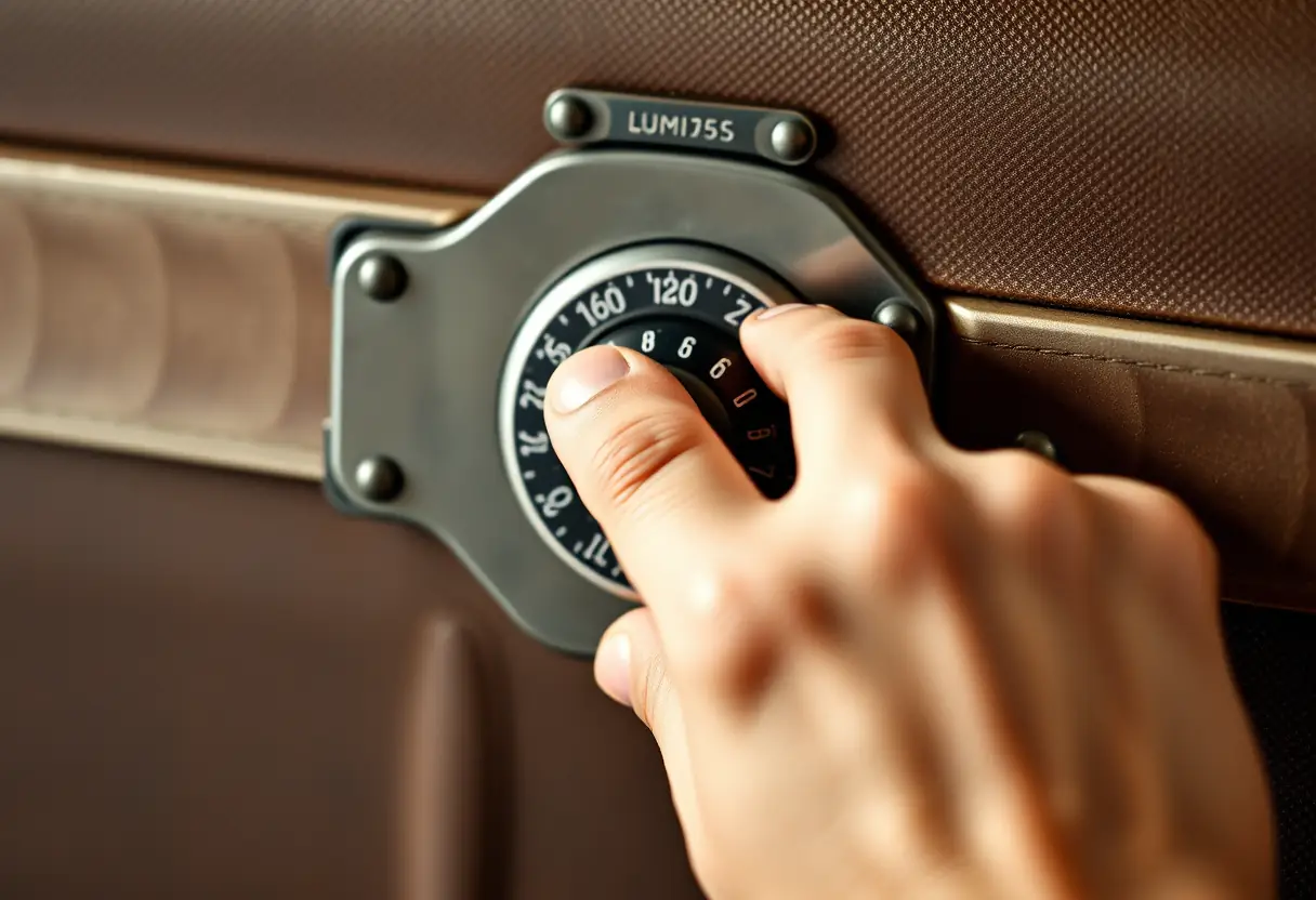 La main d'une personne en train de régler le cadenas à combinatoire d'une valise mécanique