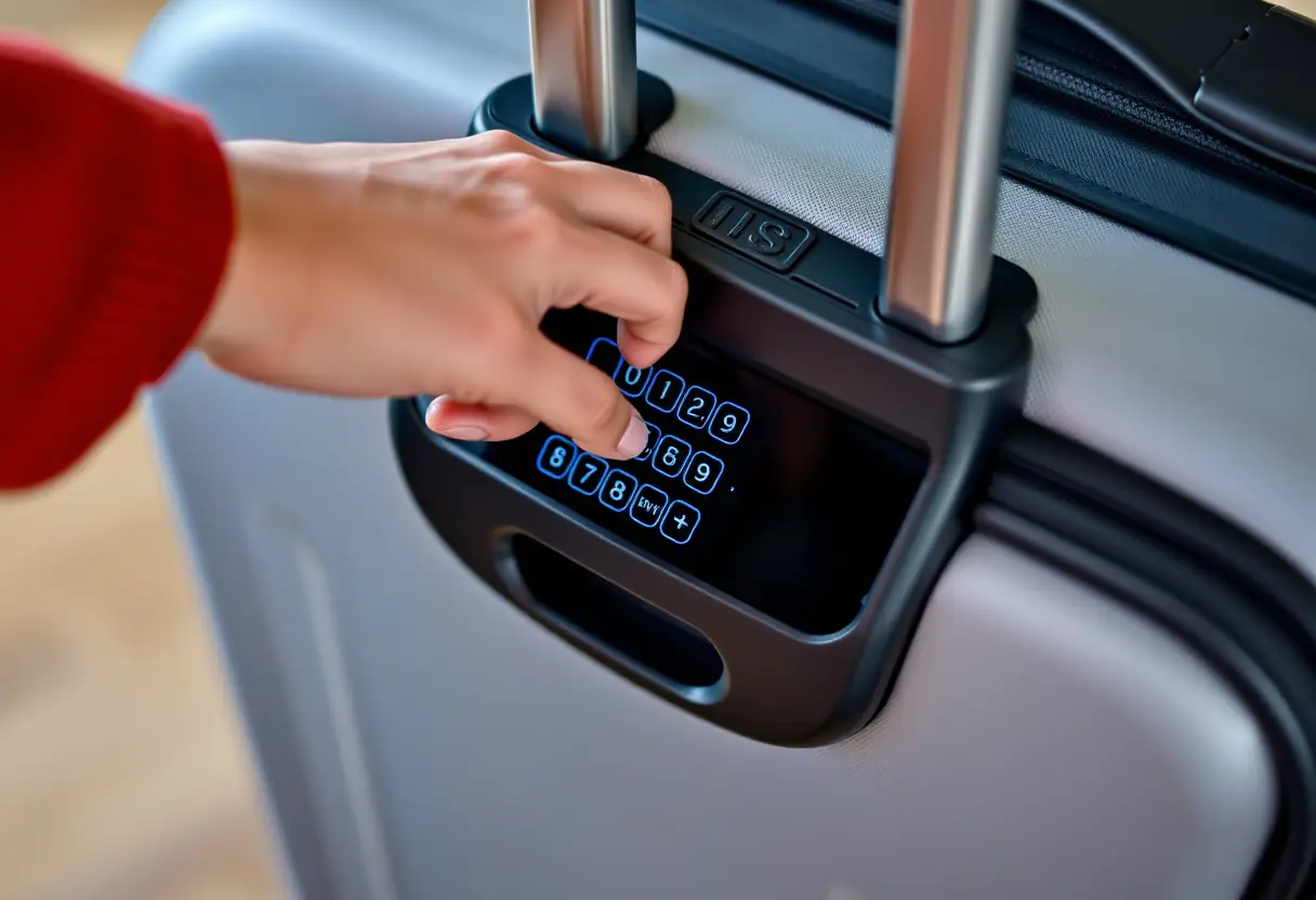 Une main appuie sur les boutons d'un verrou numérique fixé à une valise souple