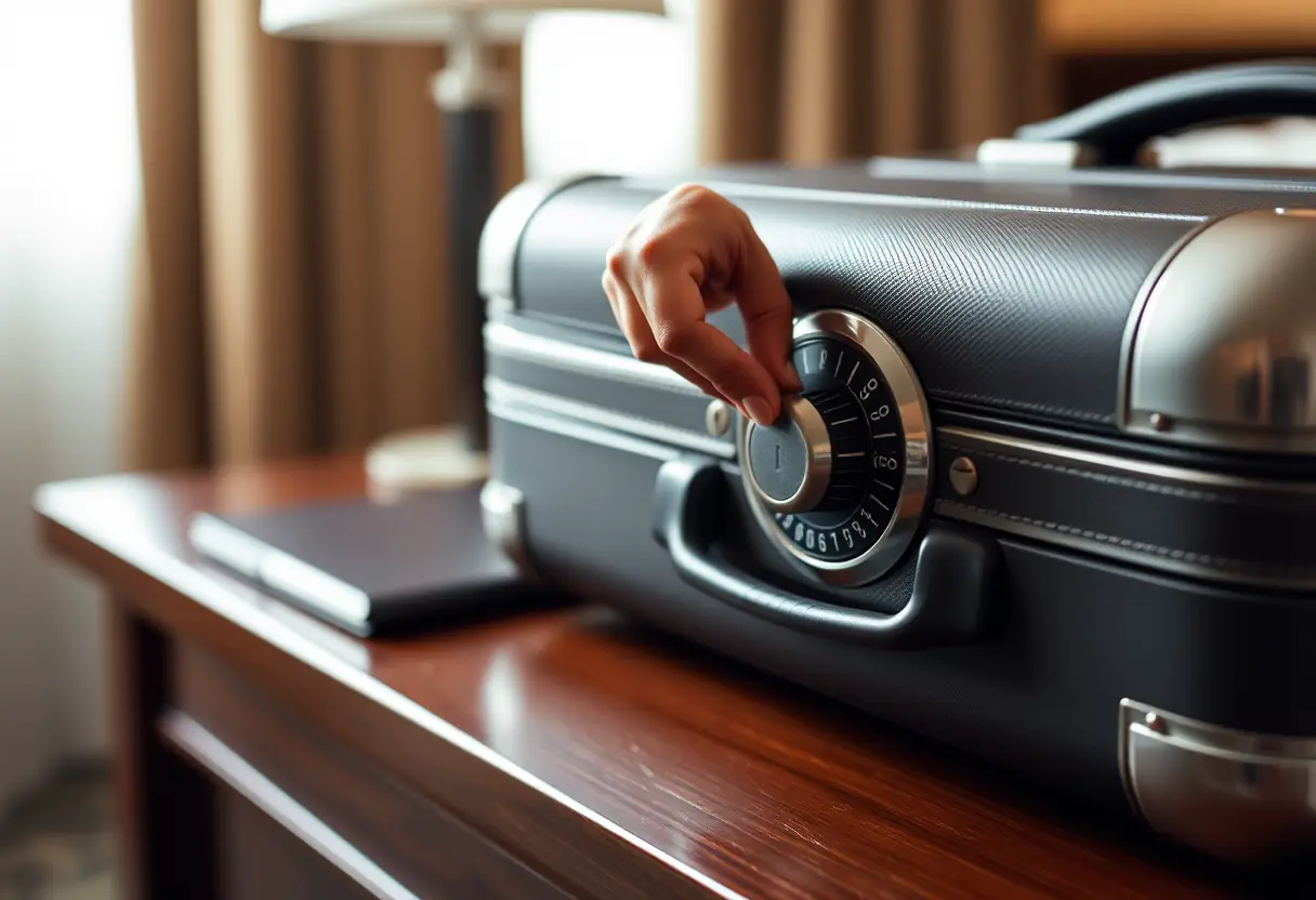 Une main tourne le cadran d'un verrou à combinaisons sur une valise posée sur un bureau d'hôtel