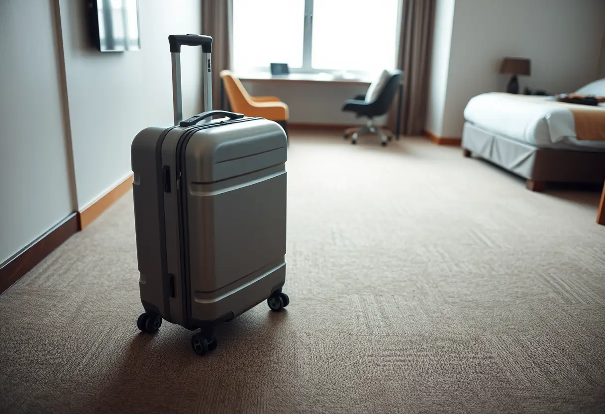 Bagage: valise posée dans une chambre d'hôtel