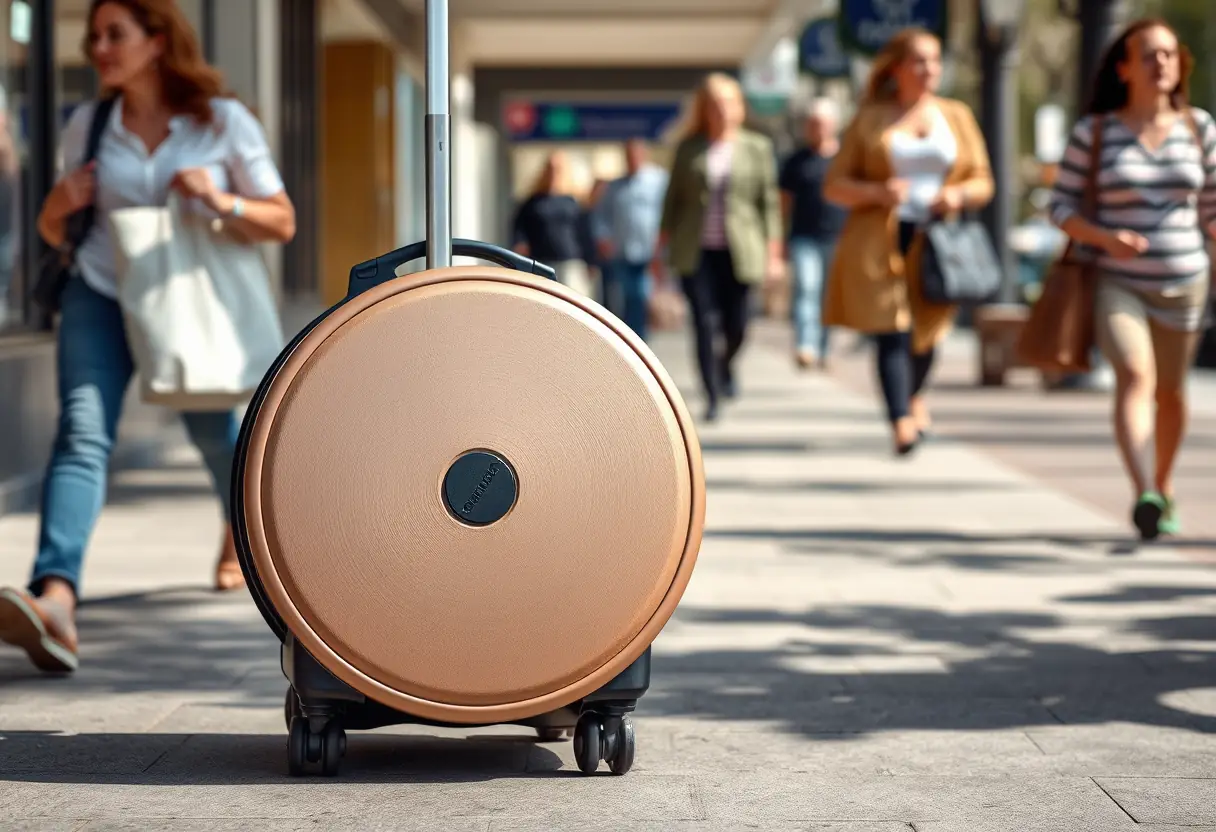 Un rouleau de roue de valise trolley qui tourne sur un trottoir animé pendant que des piétons passent