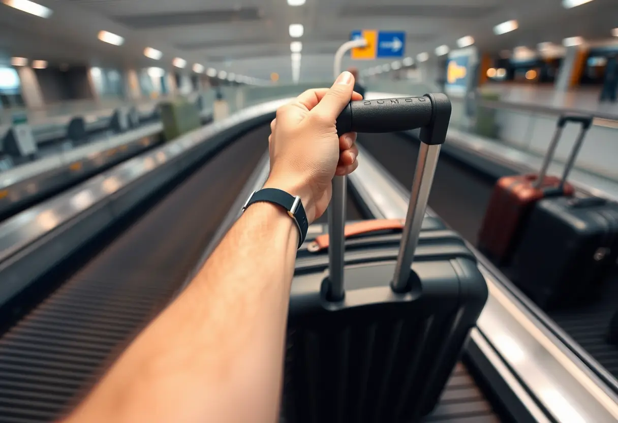 Une main tenant la poignée télescopique d'une valise trolley, posée sur un tapis de bagages à l'aéroport avec d'autres valises en vue