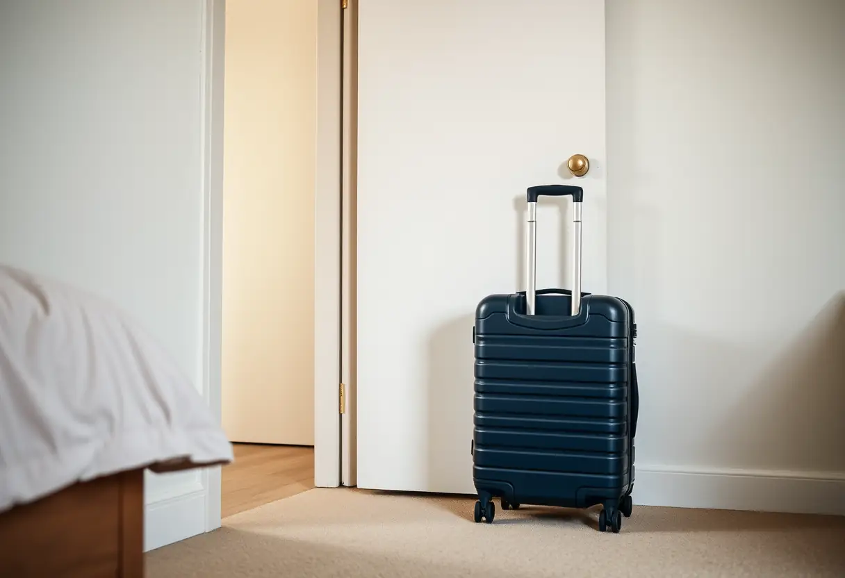 La poignée rétractable d'une valise trolley bleue foncée est étendue près de la porte d'une chambre