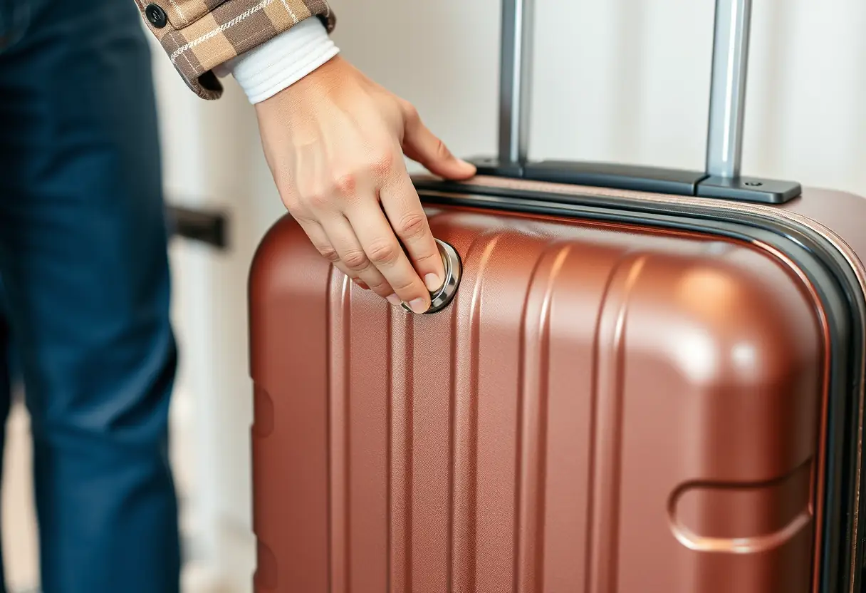 La main d'un voyageur en train de régler la combinaison d'un cadenas sur une valise rigide posée sur un porte-valises d'hôtel