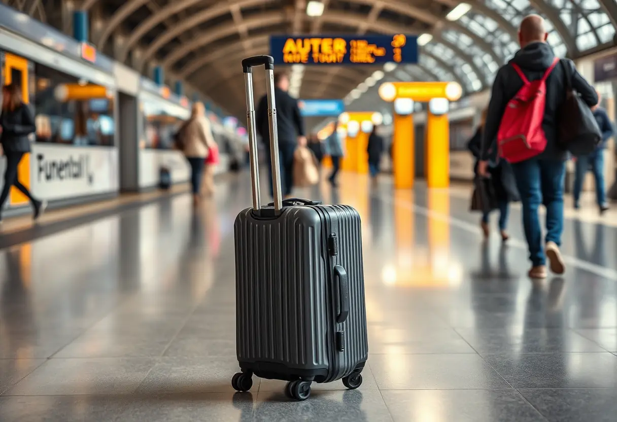 Le manche télescopique d'une valise rigide étendu sur le sol d'une gare bondée, avec la valise posée à côté, les passagers se déplaçant autour