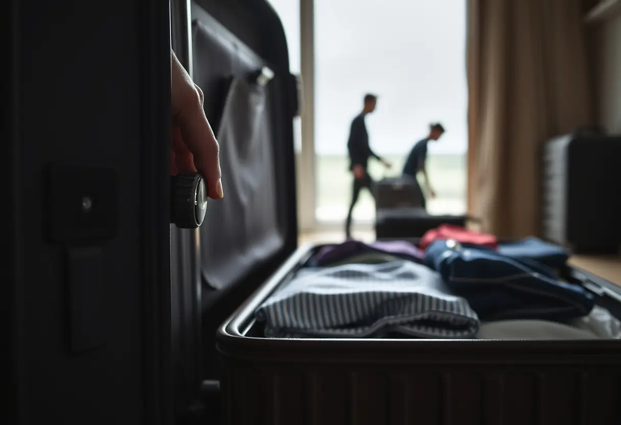 Un fermoir de valise dont le cadran est tourné par une main, la valise étant ouverte avec des vêtements pliés à l'intérieur, une silhouette d'une personne en arrière-plan qui organise ses affaires de voyage