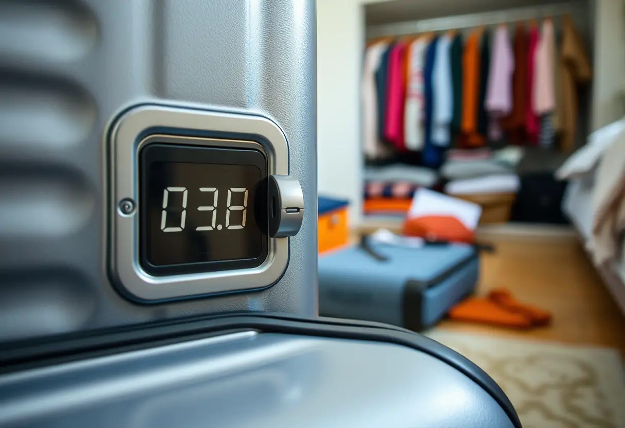 Vue rapprochée d'une valise avec un cadenas numérique, les chiffres entrés pour réinitialiser la combinaison, la valise se trouvant sur le plancher d'une chambre à coucher près d'un placard déjà rempli