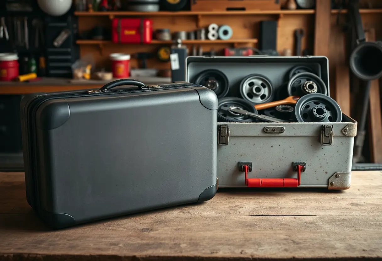 Une valise rigide fermée repose à côté d'une boîte à outils contenant divers outils et roues de rechange, posée sur une table en bois dans un atelier domestique