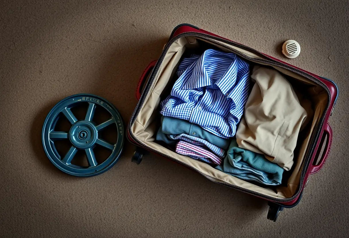 Un rouleau de roue endommagé posé à côté d'une valise ouverte révélant des vêtements pliés avec soin
