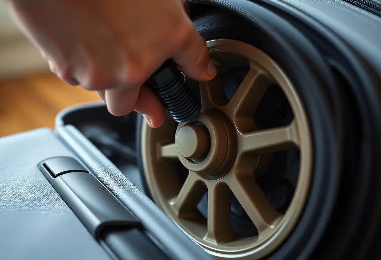 Une main tourne une vis pour fixer un nouveau roulement sur le fond d'une valise.
