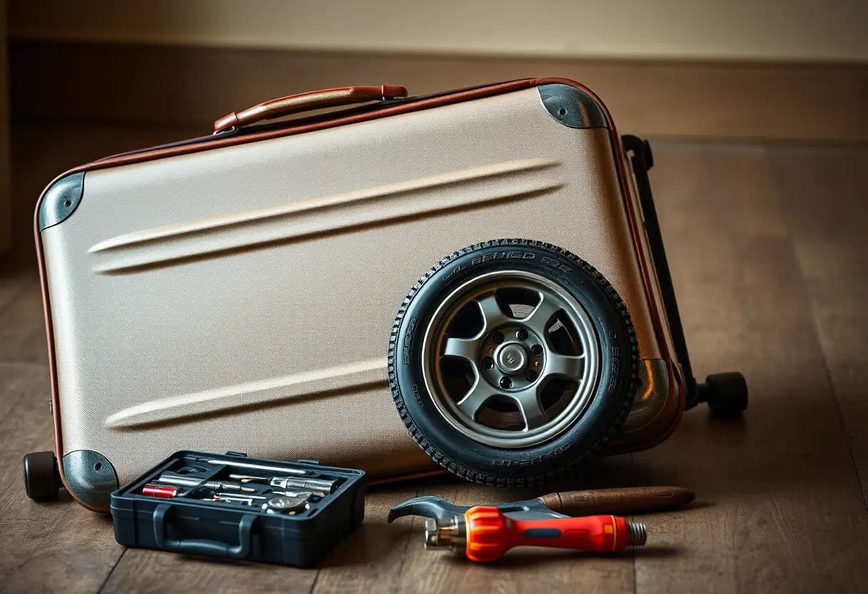 Une valise couchée sur le côté, montrant le nouveau roulement installé, avec un coffret à outils à côté.