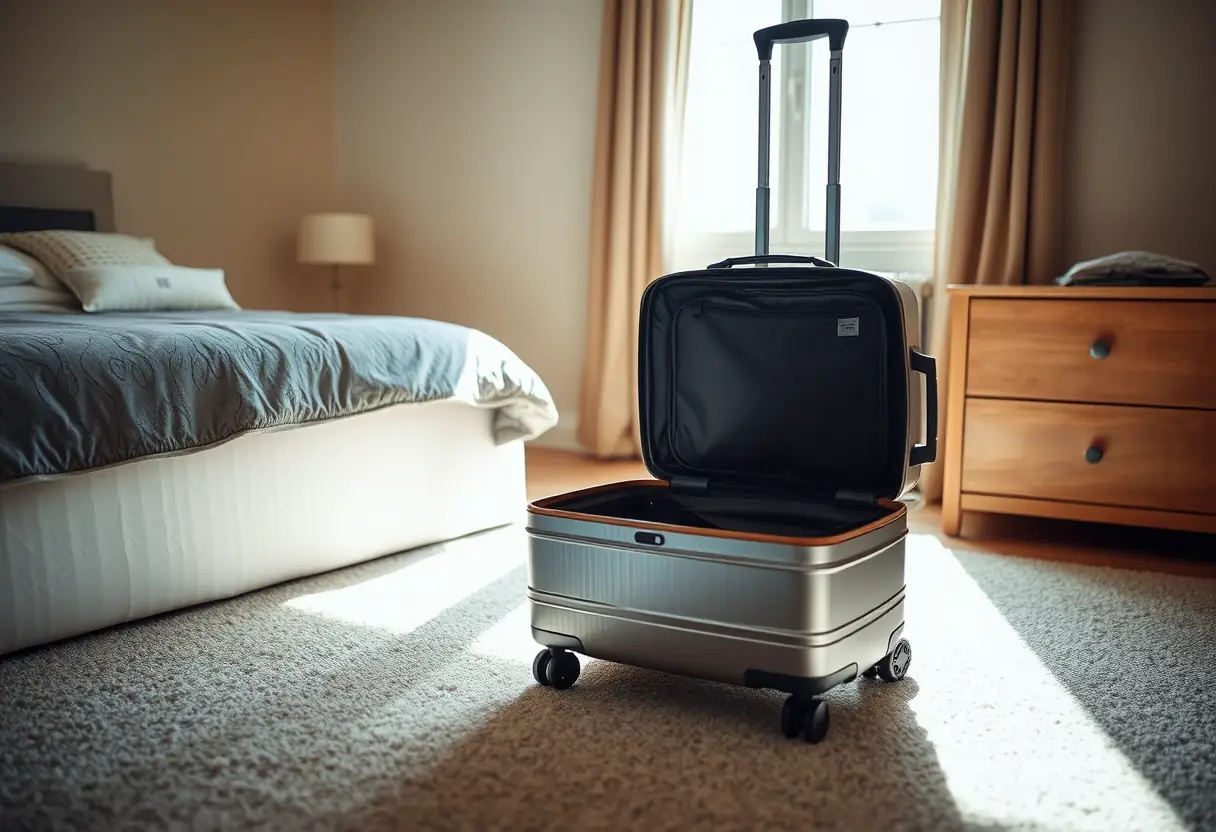 Une poignée télescopique s'étendant d'une valise à quatre roues posée sur le plancher d'une chambre, la lumière du matin éclaire la tâche d'ouvrir la valise pour accéder à son intérieur