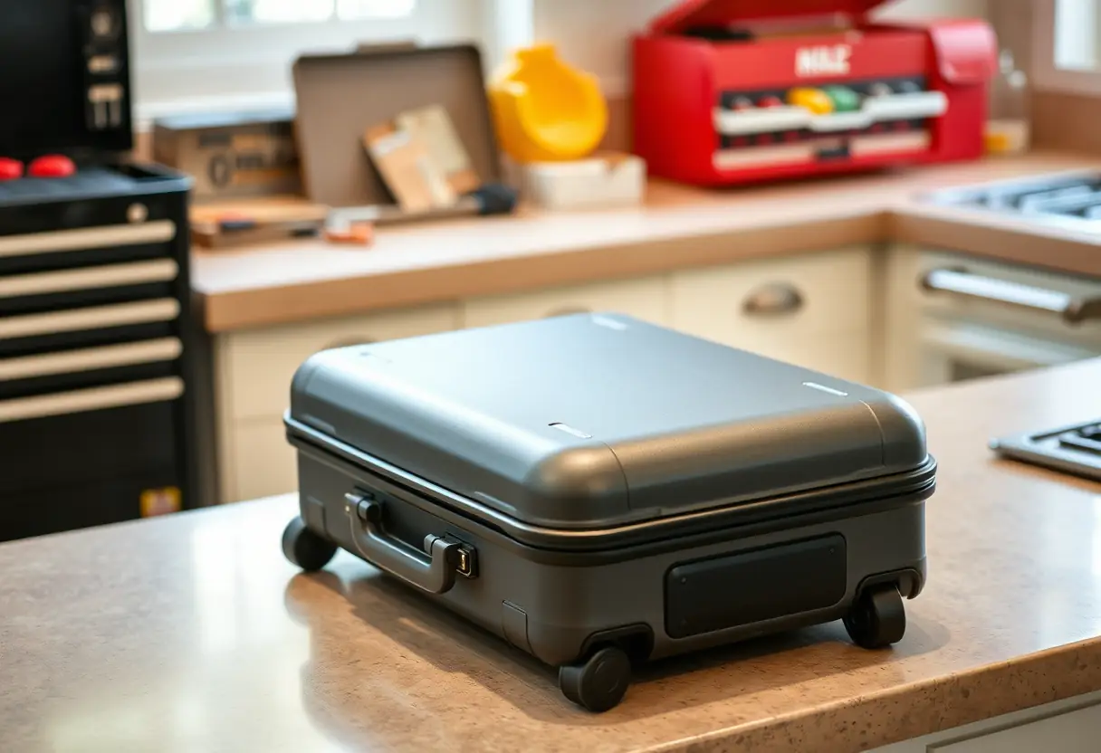 Une valise à coque rigide posée sur un plan de travail de cuisine avec l'un de ses roues avant retirées, près d'une boîte à outils