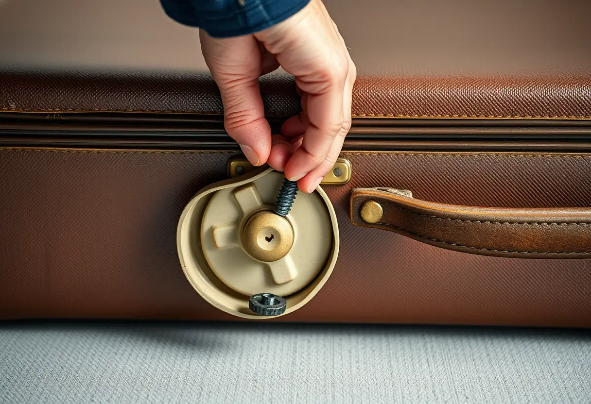 Une main serre un boulon sur une roue abîmée d'une valise rectangulaire
