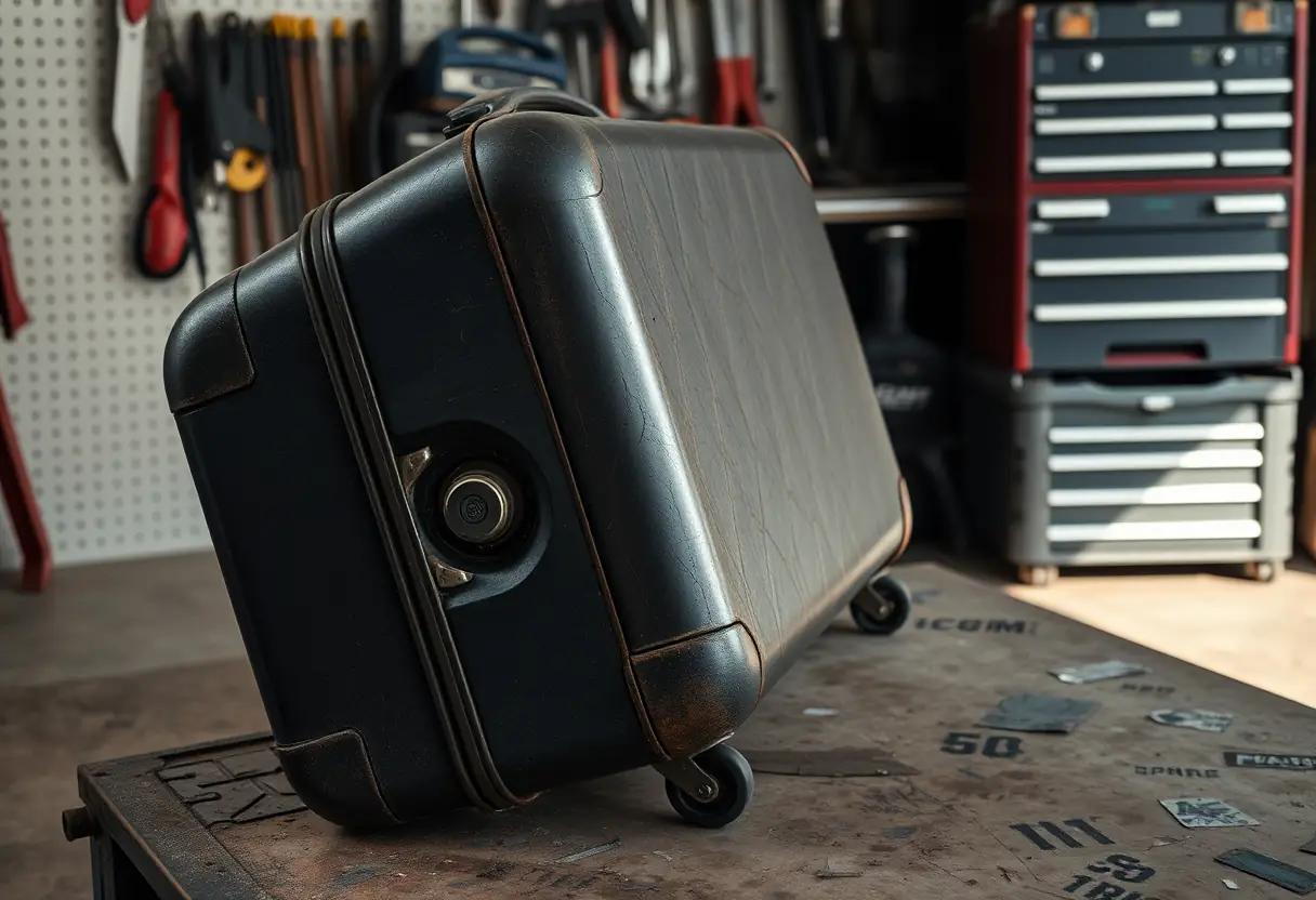 Un roulement de roue de valise rigide posé sur un plan de travail d'atelier, près d'un ensemble d'outils
