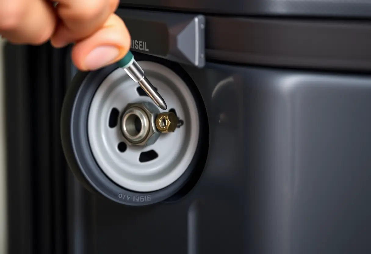 Une main tenant un tournevis pour serrer une vis fixant un roulement de roue à la structure de la valise