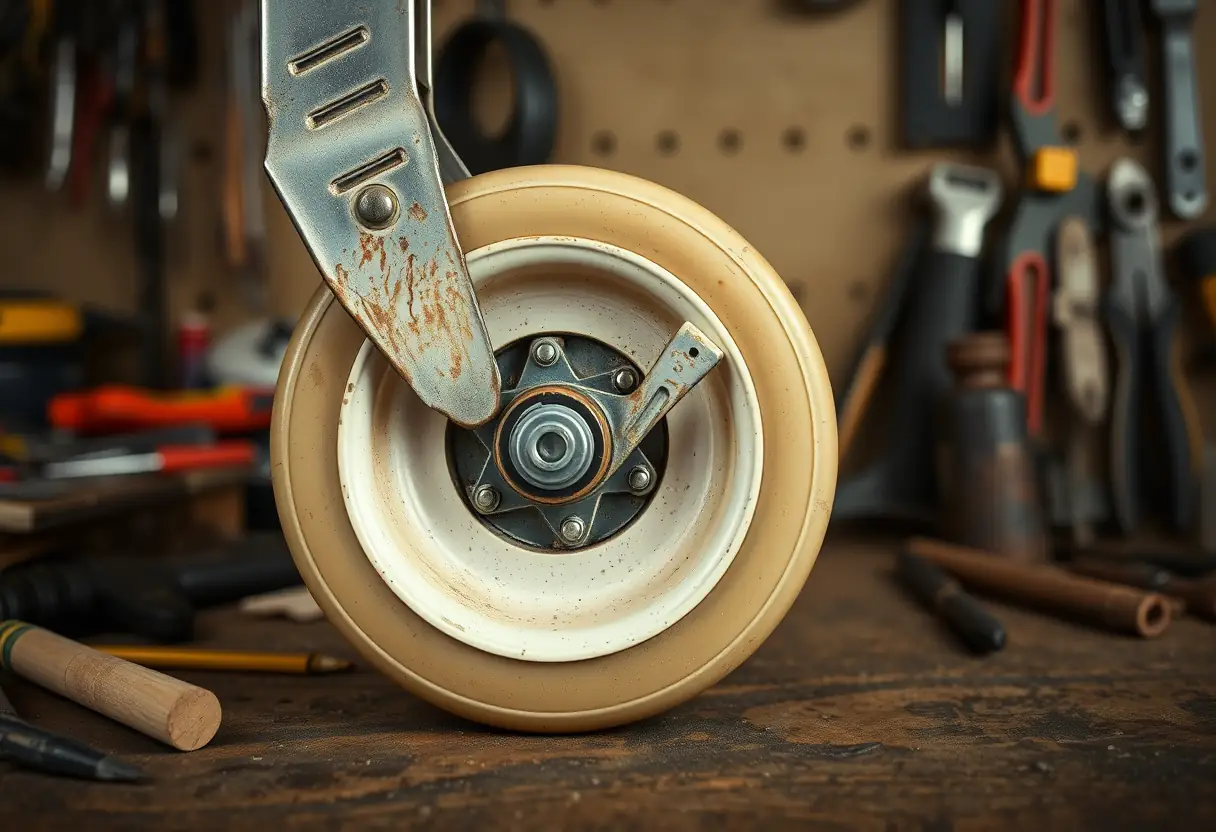 Un rouleau de roulette brisé attaché au cadre d'une valise, montrant la mécanique interne exposée, contre un bureau de travail encombré avec des outils