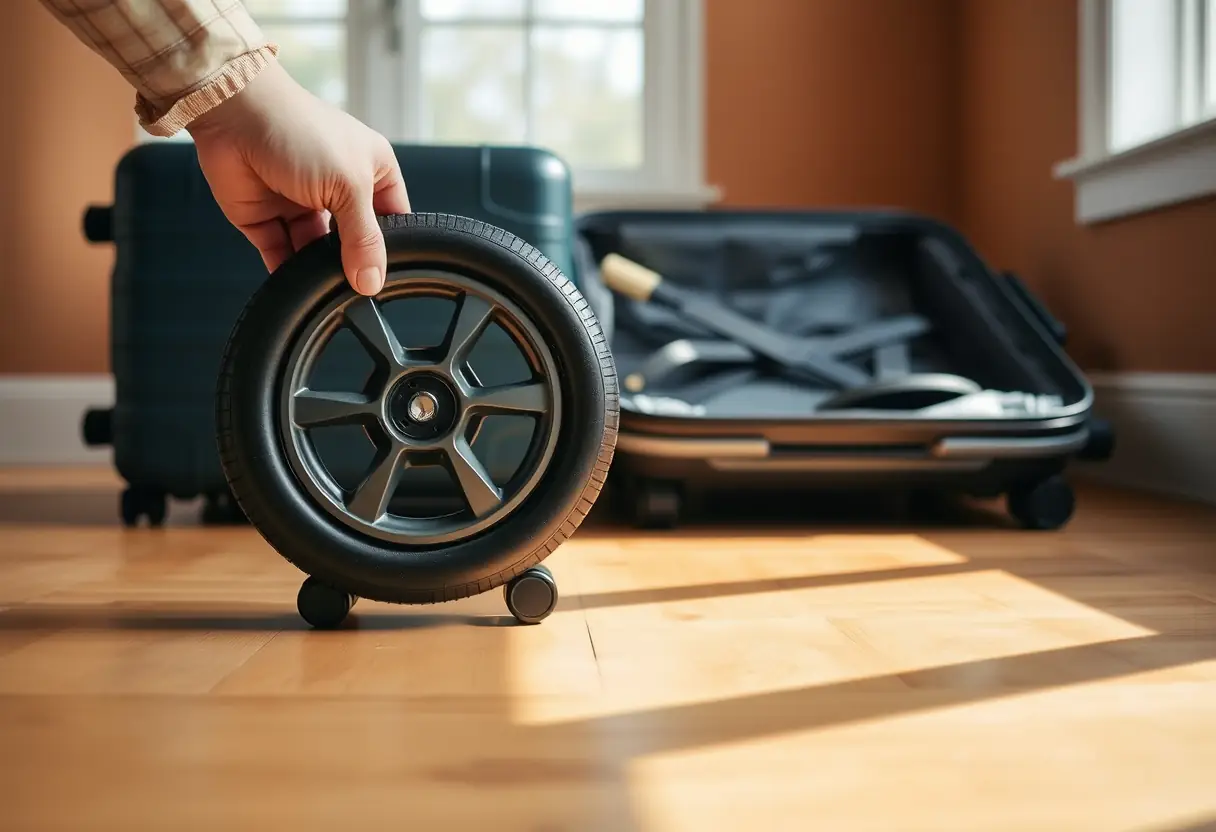 Une main tenant un rouleau de rechange à côté d'une valise entièrement assemblée posée sur un plancher en bois, la lumière du soleil venant à travers une fenêtre