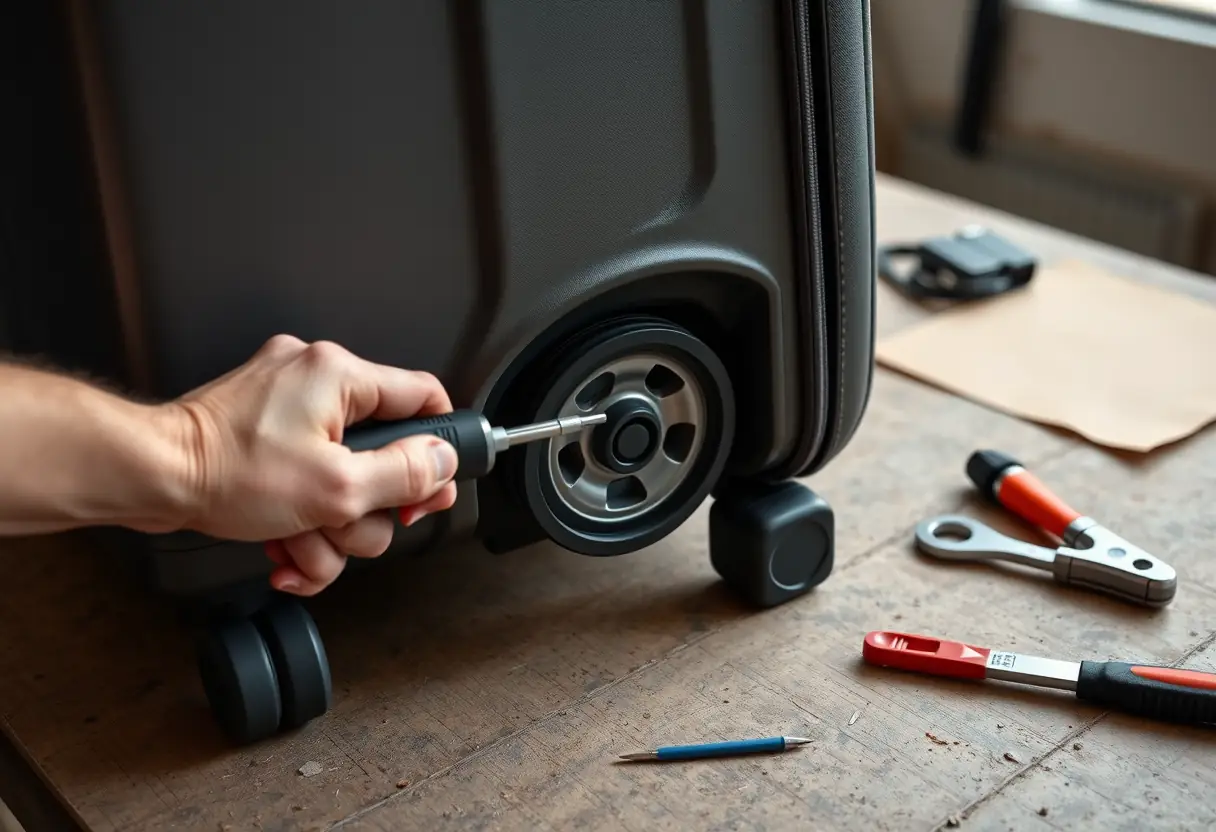 Une main tenant un tournevis pour réparer la roulette d'une valise sur un plan de travail avec des outils éparpillés autour