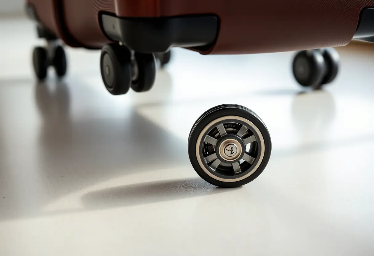 Un gros plan montrant les roues d'une valise roulant sur une surface lisse, l'une des roues légèrement détachée, révélant le mécanisme à l'intérieur