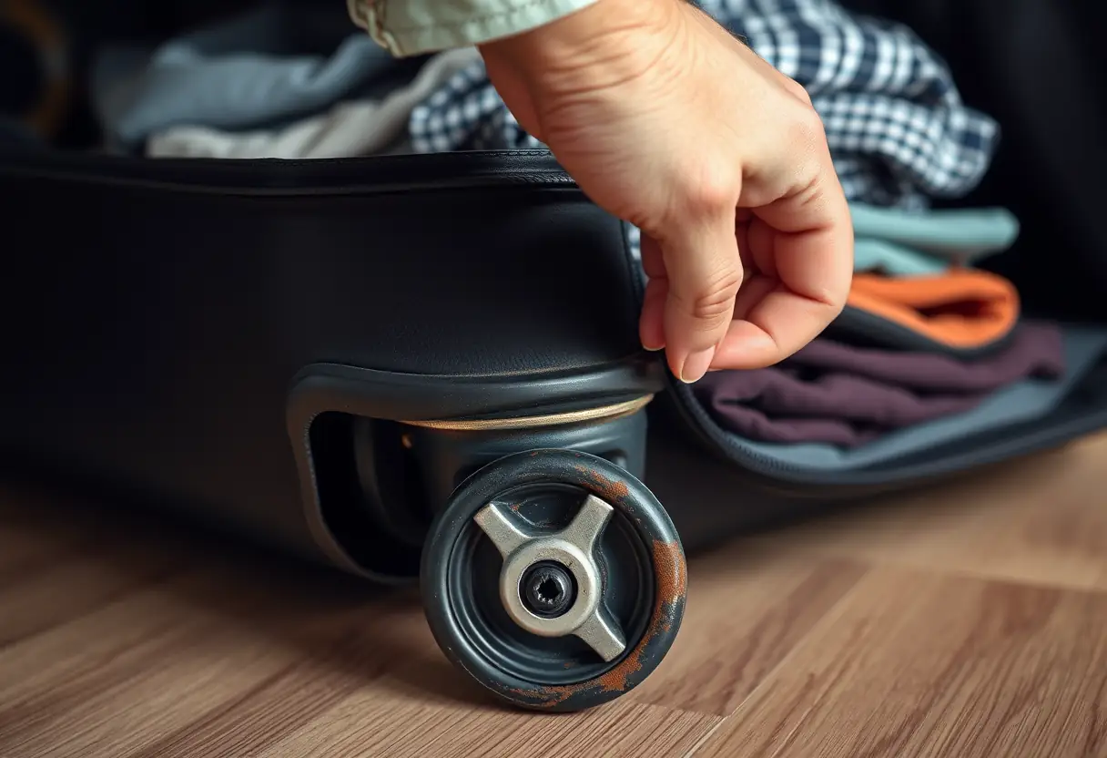 Une main serrant un boulon au niveau d'un roulement de roue de valise endommagée, la valise étant ouverte pour révéler des vêtements pliés avec soin à l'intérieur