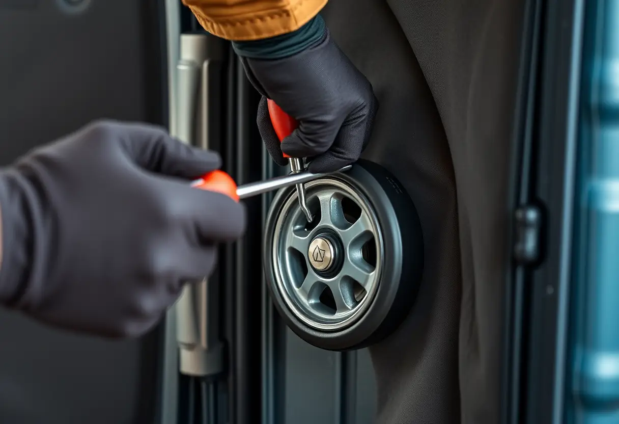 Un plan rapproché des mains gantées d'une personne tenant fermement un tournevis pour retirer une roue d'une valise, laquelle est partiellement ouverte montrant sa structure interne.