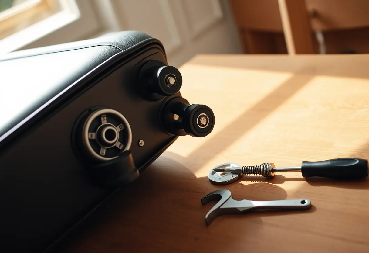 Une valise couchée sur un bureau avec ses roues partiellement retirées, les outils nécessaires posés à côté.