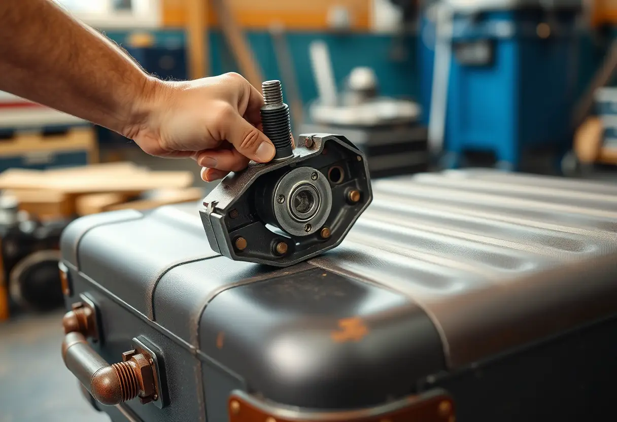 Une vue rapprochée d'une main qui serre une vis sur un système de roues endommagé, la valise posée à plat sur une table de bricolage