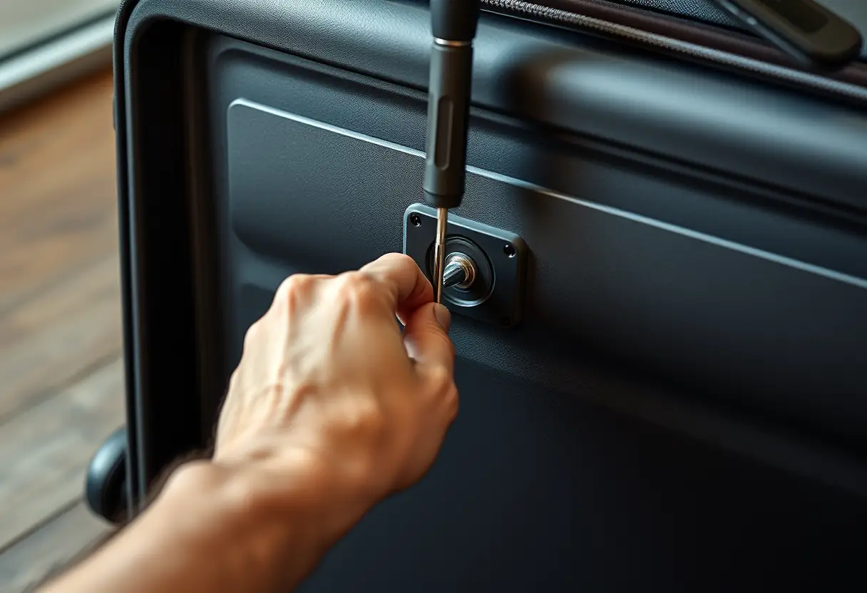 Une main tourne un tournevis pour serrer une vis sous la coque d'une valise