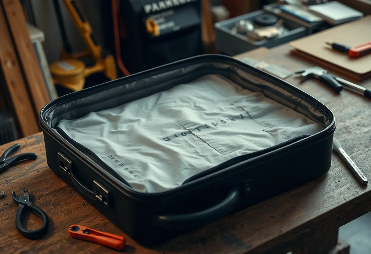 Une valise trolley pleinement chargée posée à plat sur un plan de travail, avec des outils comme des pinces et un marteau éparpillés aux alentours