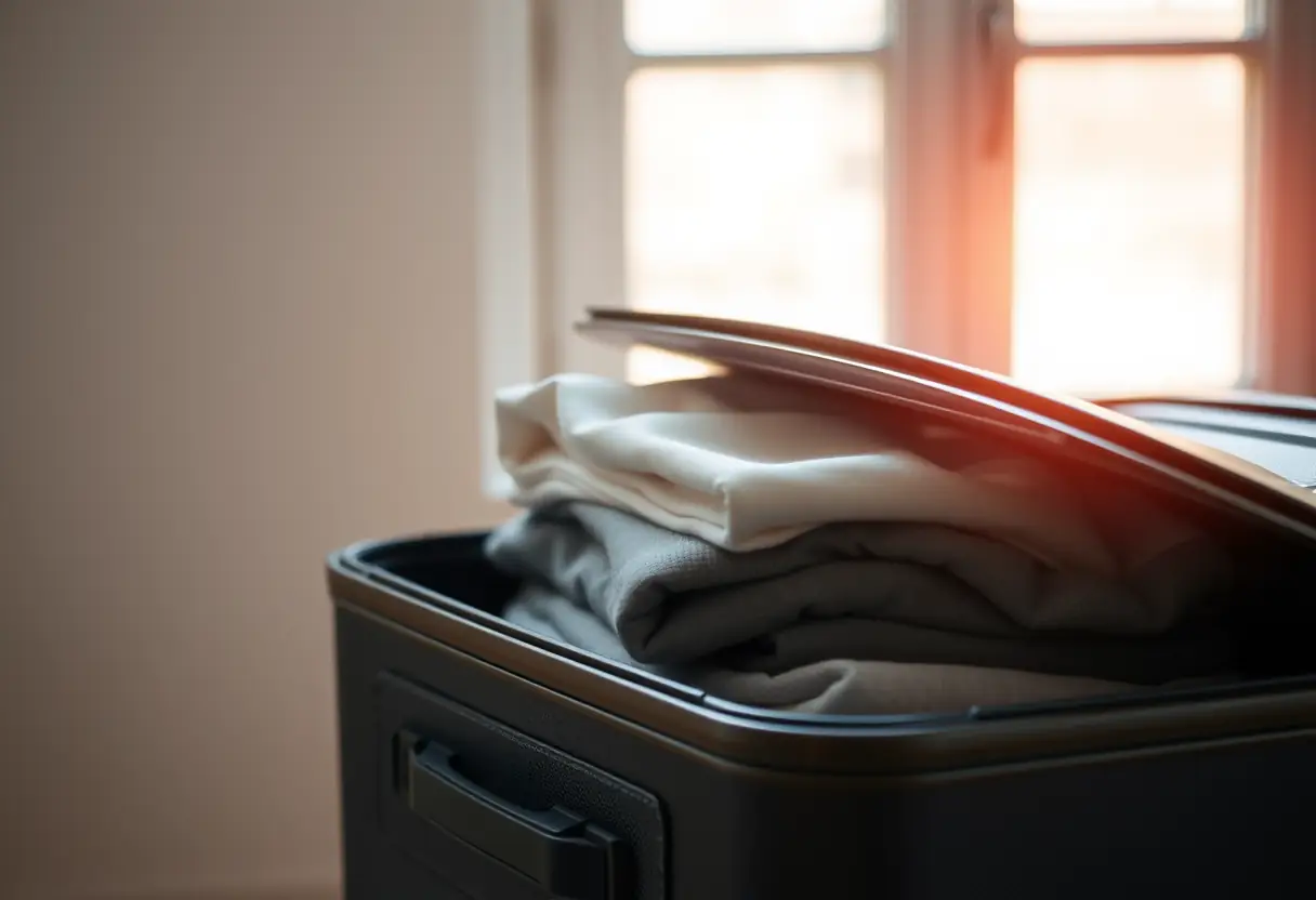 Un sac de voyage ouvert révèle des vêtements soigneusement pliés