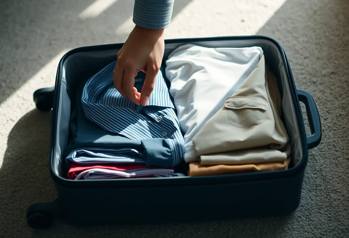 Une valise ouverte révélant des vêtements pliés avec une main qui saisit un chemisier.