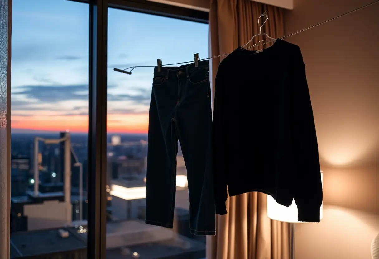 Des vêtements suspendus sur une corde à linge dans une chambre d'hôtel avec une vue sur la ville au crépuscule.