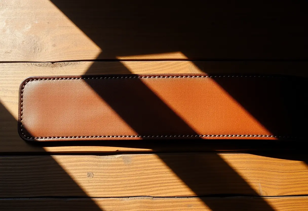 Ceinture en cuir posée sur une table, éclairée naturellement