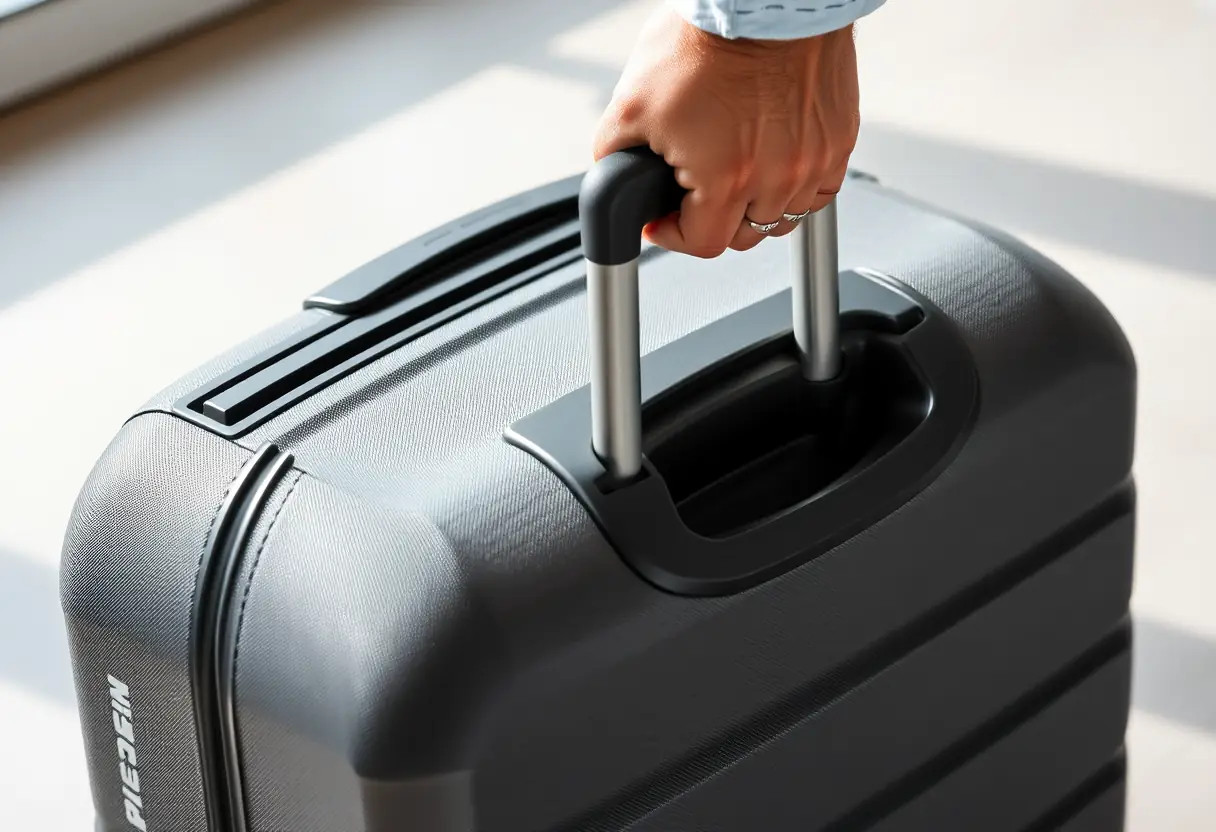Une main tourne la poignée télescopique d'une valise en matériaux robustes, reposant sur une surface plane, montrant la facilité de manœuvres