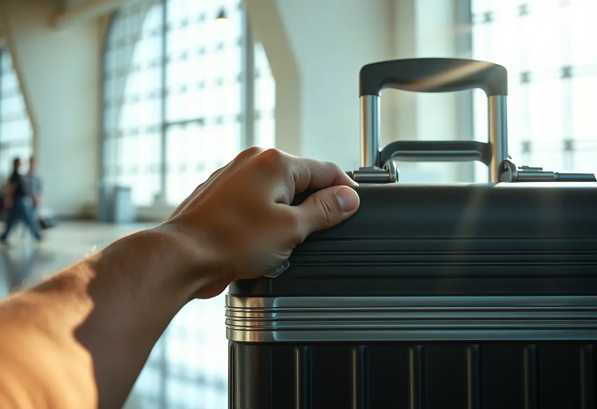 Une main tient le poignet d'une valise en dur dans un aéroport