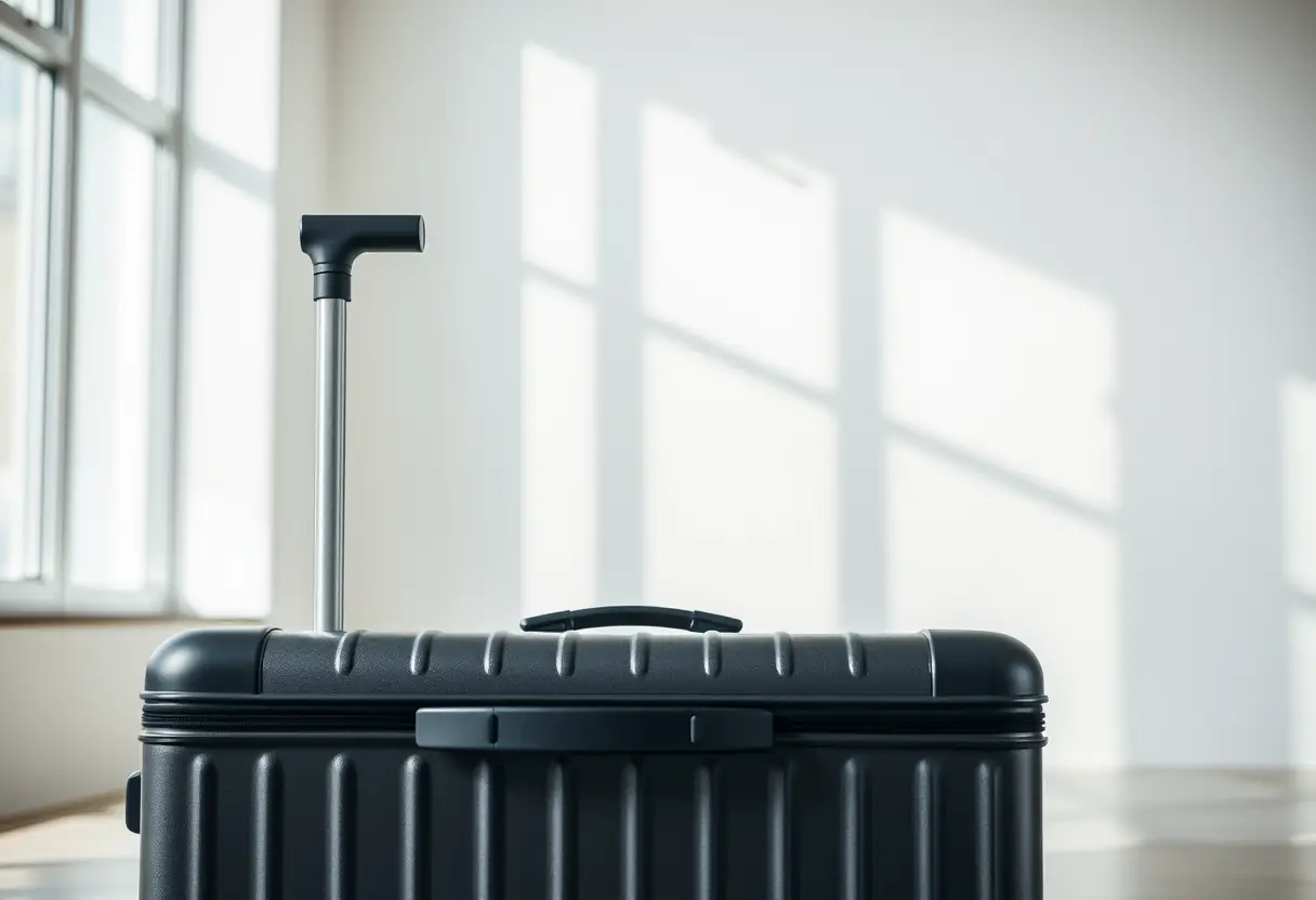 Une valise avec son manche télescopique déplié, prête à être utilisée.