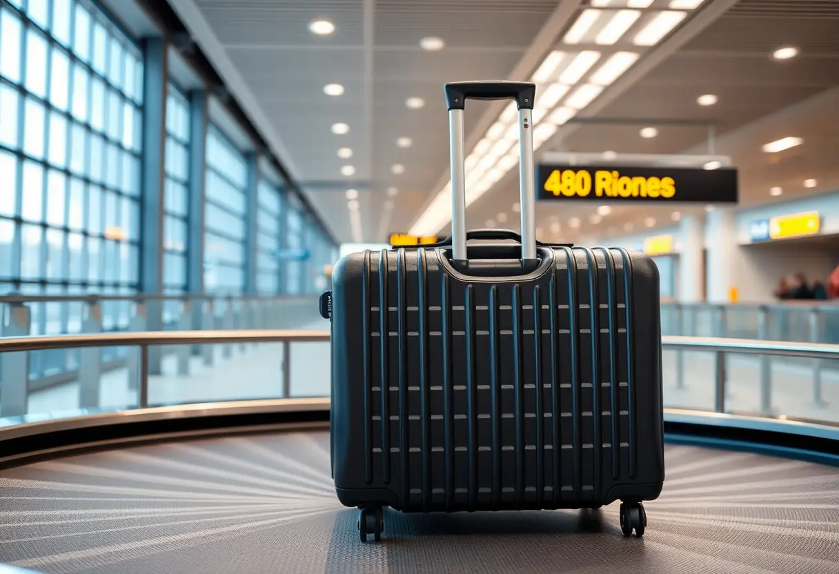 Un bouton télescopique qui dépasse d'une valise cabine rigide placée sur un tapis de bagages dans un terminal d'aéroport