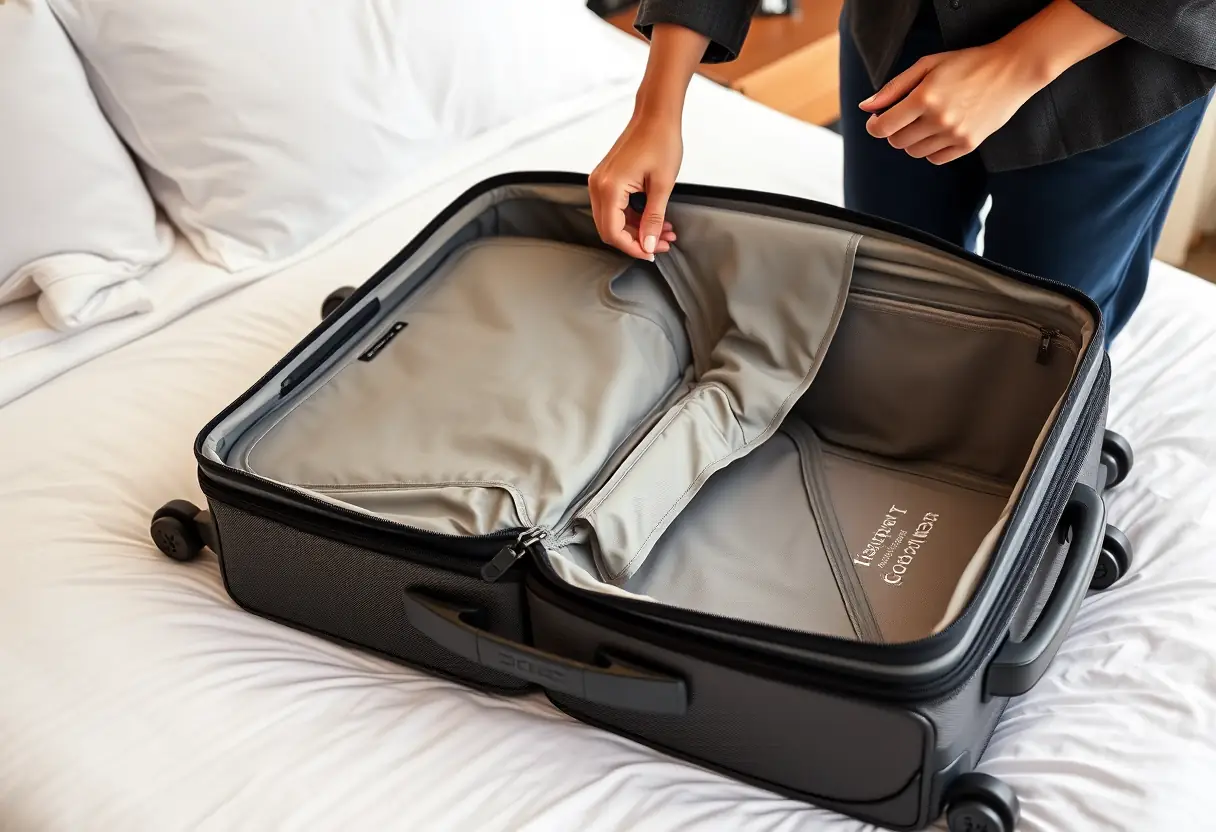 Des mains qui fermet les fermetures éclair d'une valise cabine à compartiments multiples posée sur un lit d'hôtel
