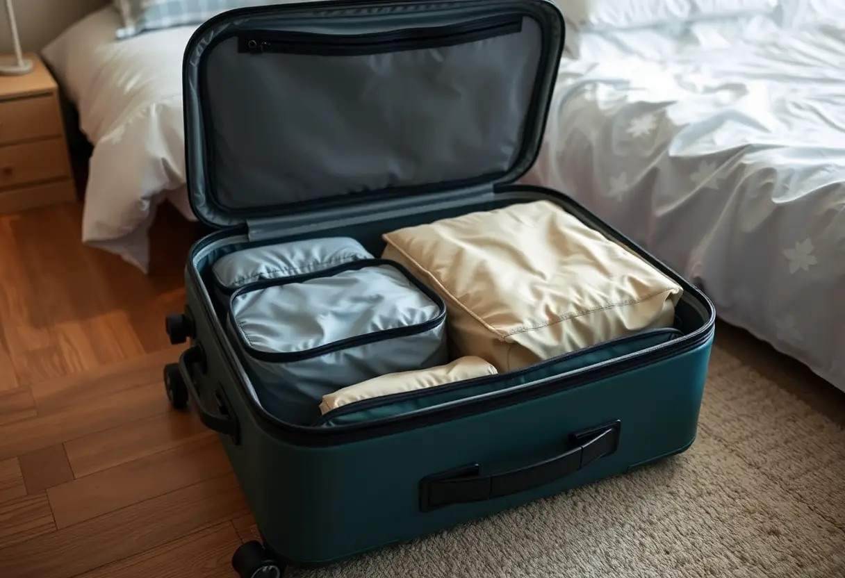 Des cubes de rangement bien alignés à l'intérieur d'une valise souple posée sur le plancher d'une chambre