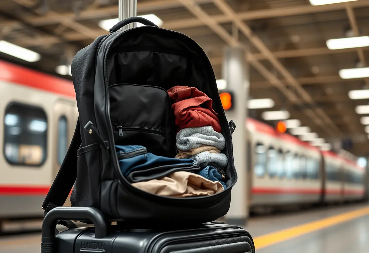 Un sac à dos reposant sur un porte-bagages dans une gare, montrant son organisation interne avec des cubes de rangement et des vêtements pliés
